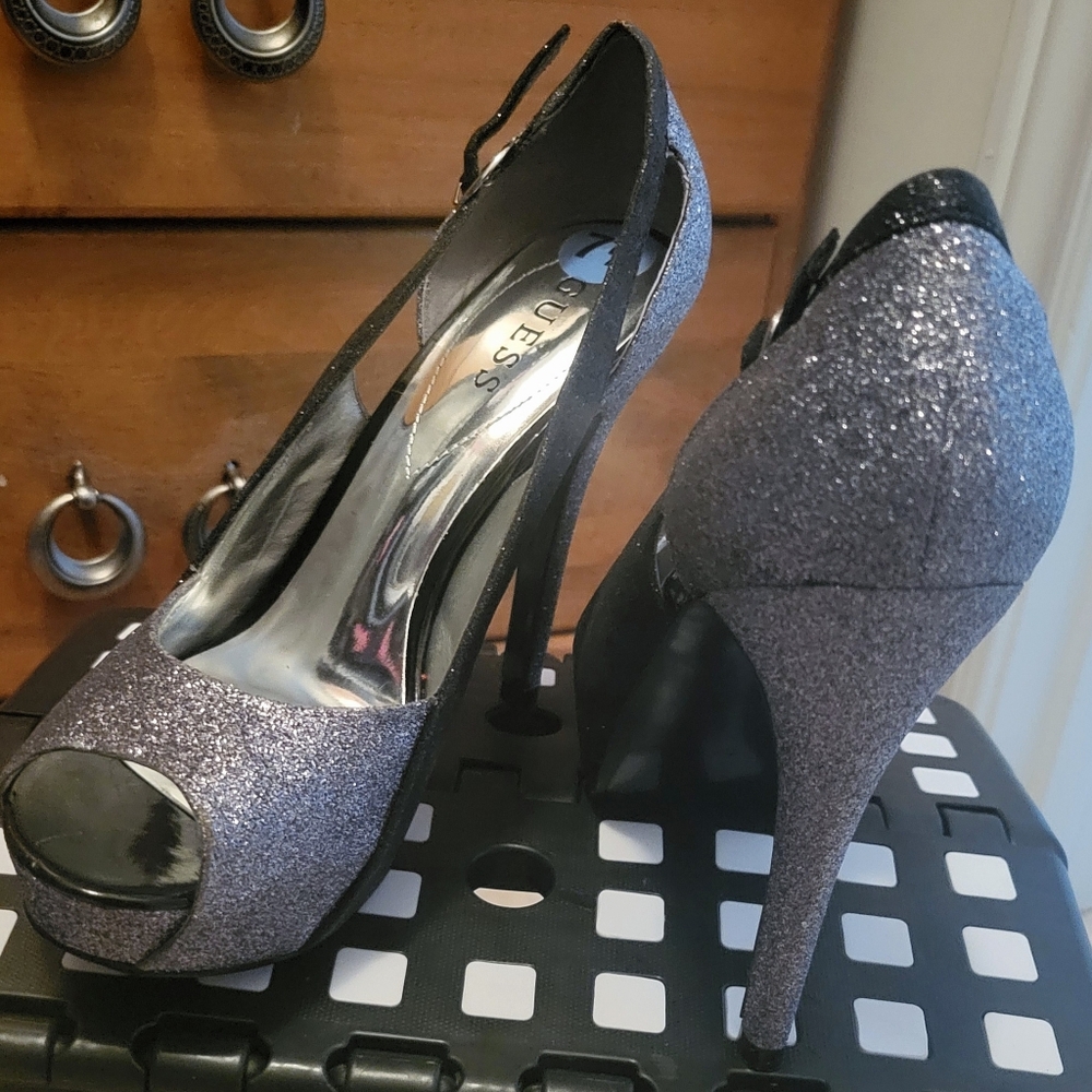 Black and silver Guess peep toe heels